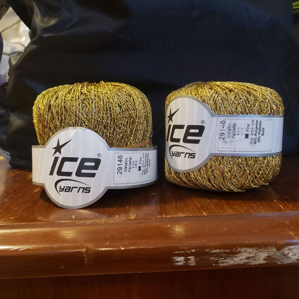 NEW ICE YARN 2Skein Metallic Paillette Gold w sequins Gold 20% polyester 80% 50g